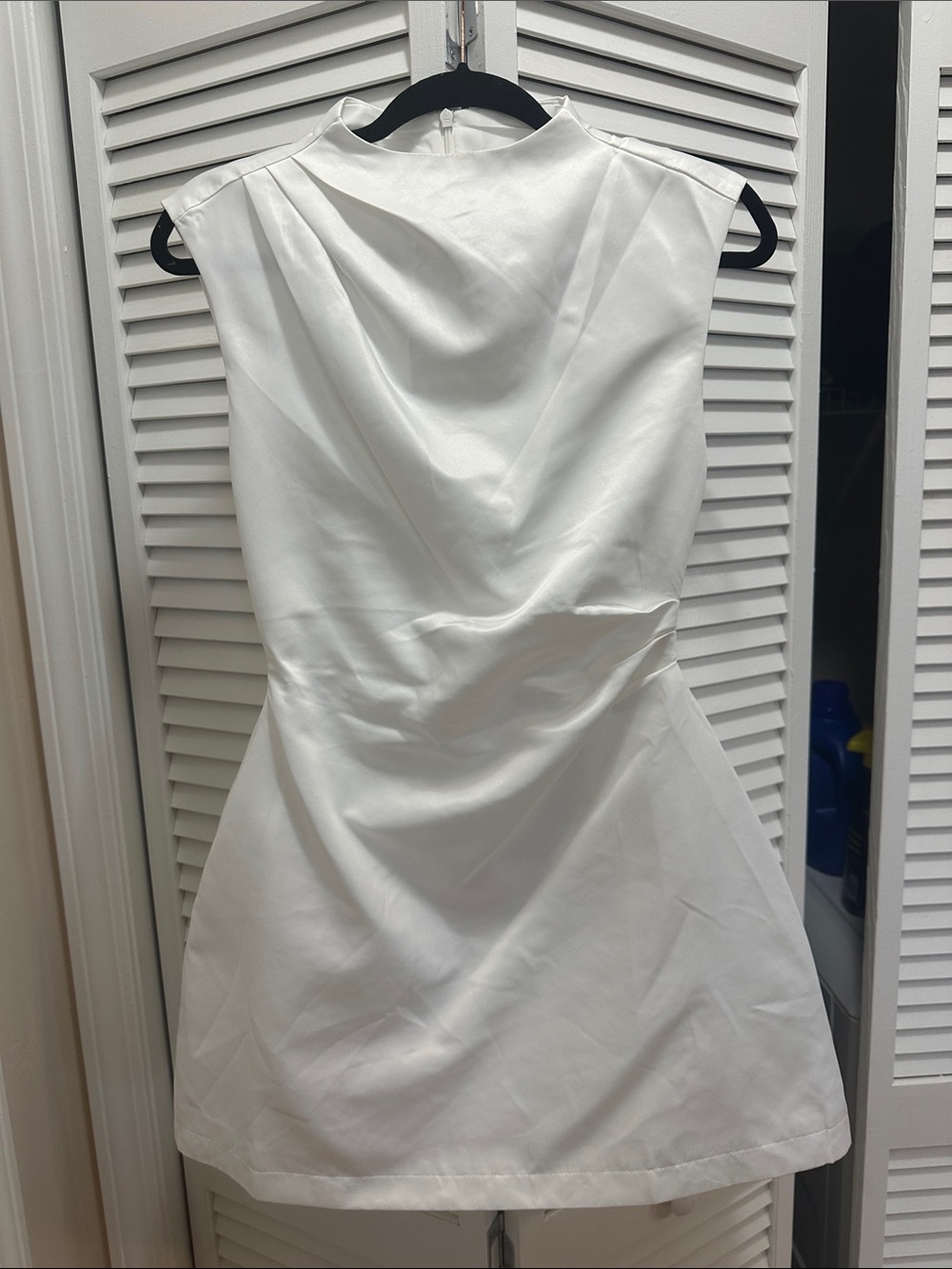 Sleeveless White Mini Dress with Draped High Neckline